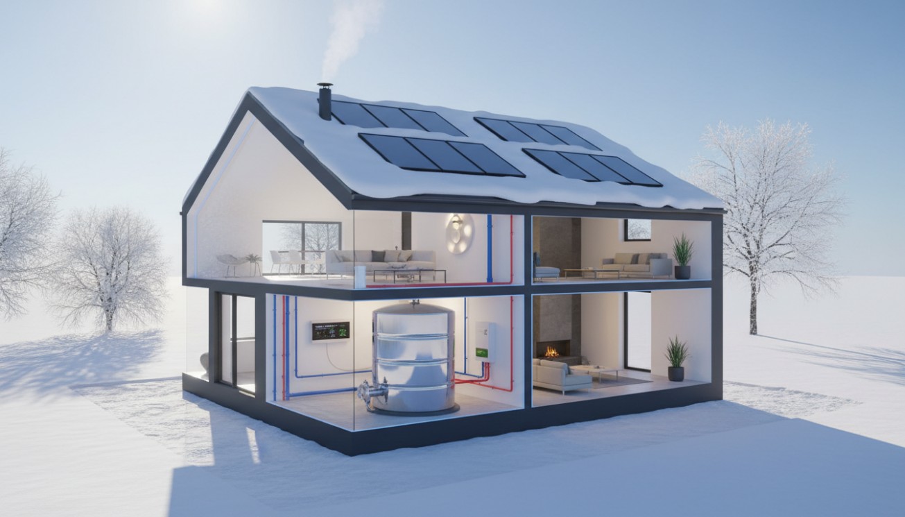 Flat plate solar collectors on a snowy house roof with indoor storage tank and piping for cold climate solar hot water system design